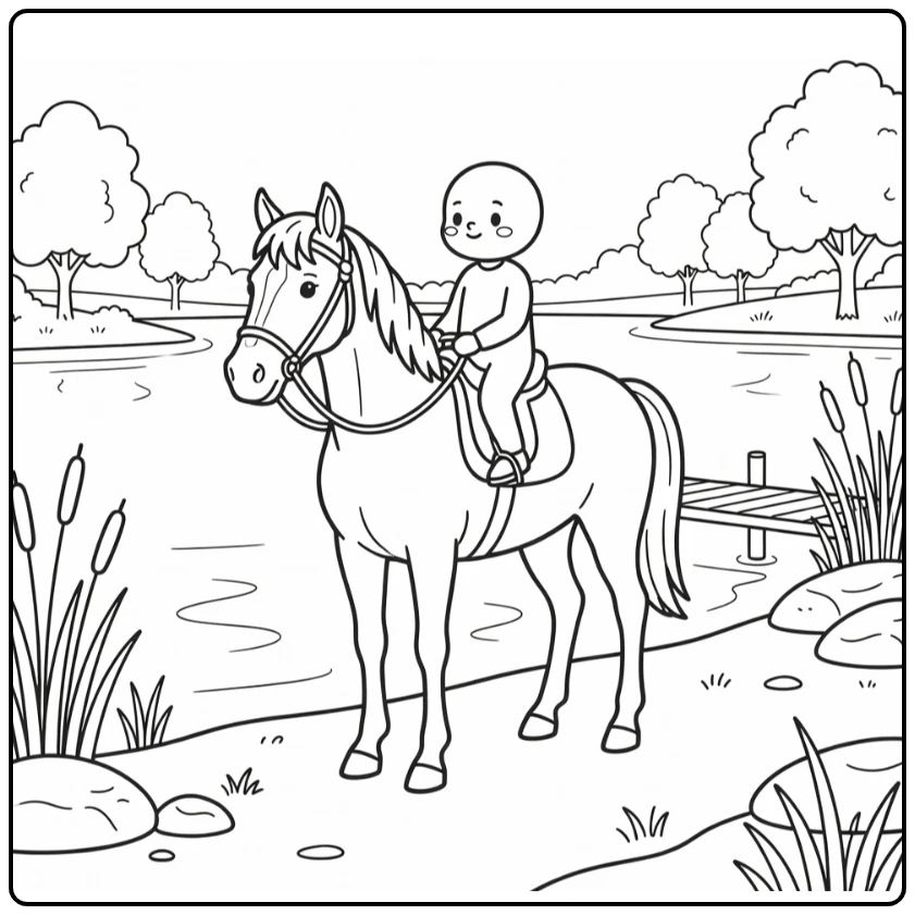 Serene horse riding coloring page near quiet lake