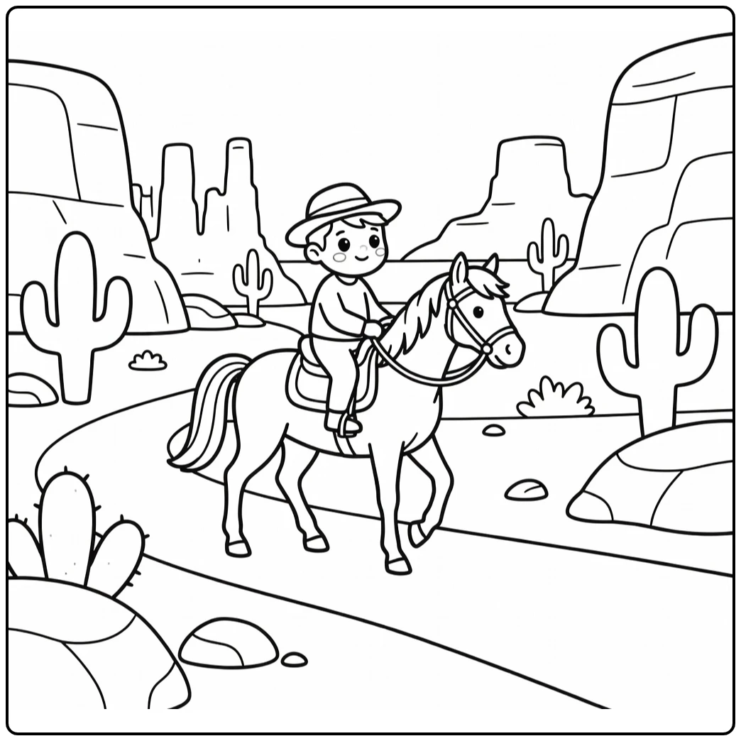 Horse riding coloring page of rider in desert canyon
