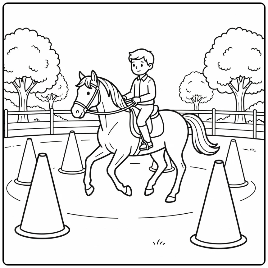 Adorable horse riding coloring page for kids with arena scene