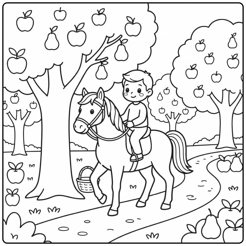 Horse riding coloring page with rider in fruit orchard path