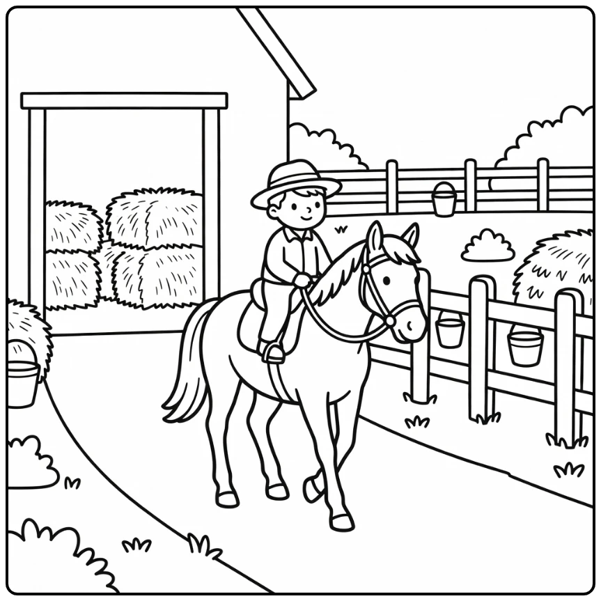 Horse riding coloring page of rider on farm lane by barn