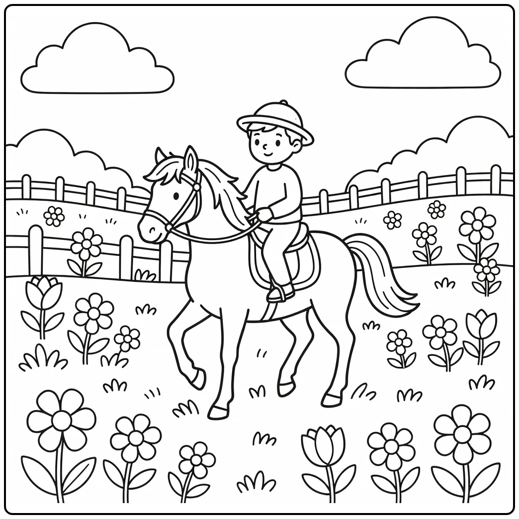 Horse riding coloring page in a blooming meadow