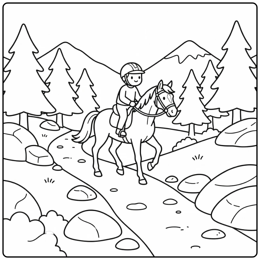 Charming horse riding coloring page on mountain path