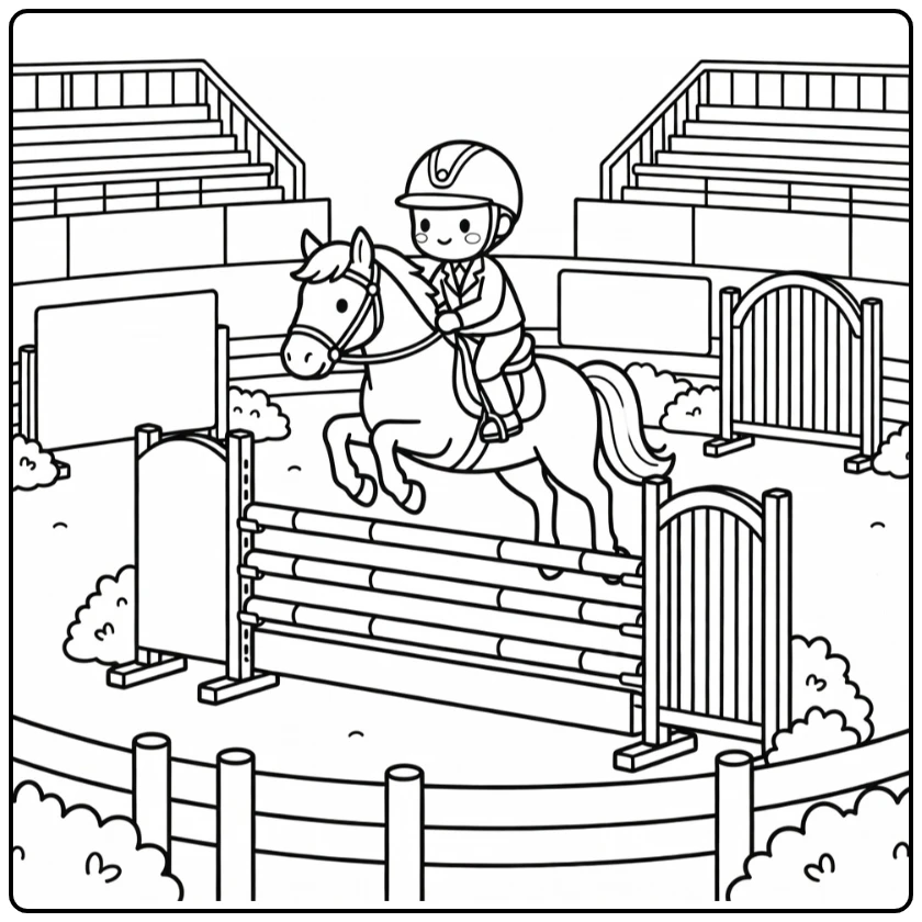 horse show jumping coloring page with focused rider