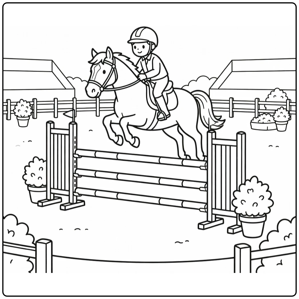 Horse show jumping coloring page with rider jumping