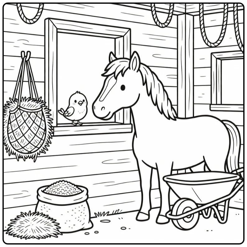 Horse stable coloring page with gentle horse watching bird