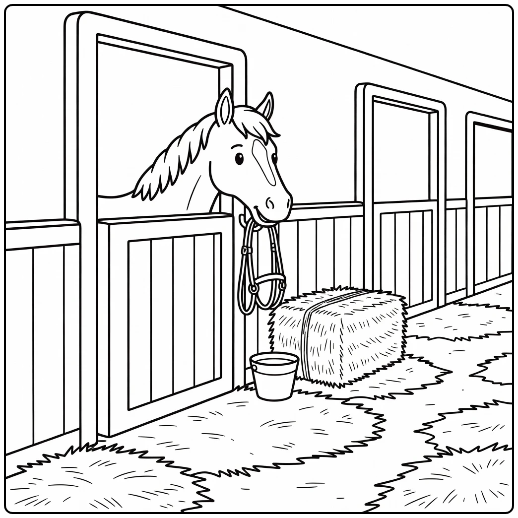 Horse stable coloring page with calm horse sniffing bridle