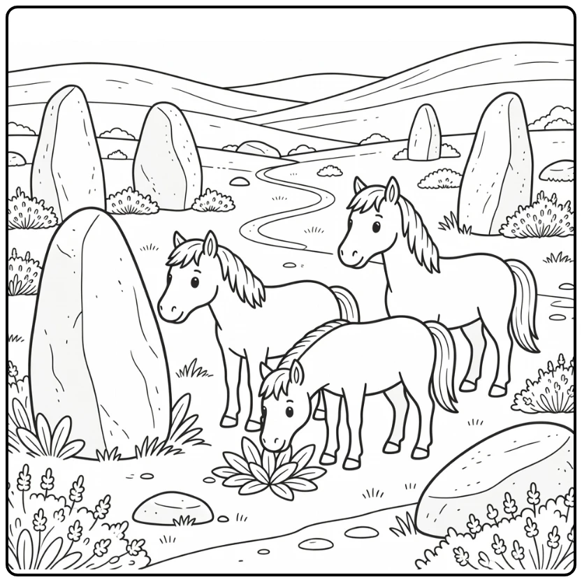 Horses coloring page with three horses near standing stones