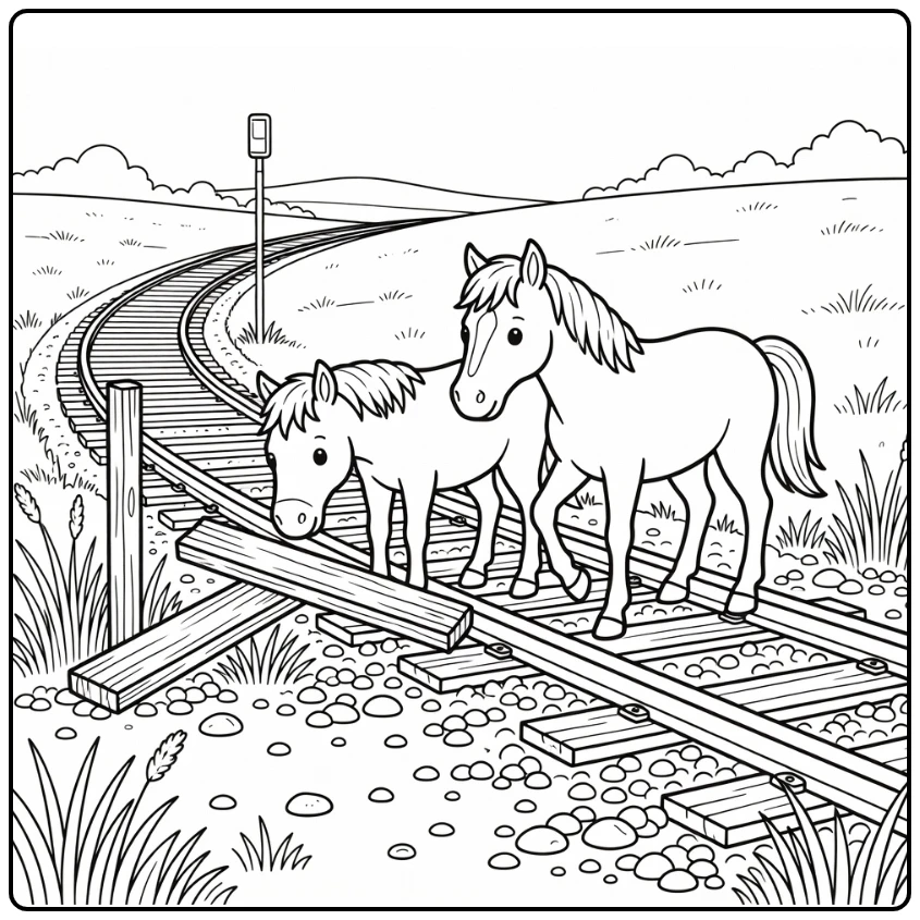 Horses coloring page of two horses at abandoned rail crossing