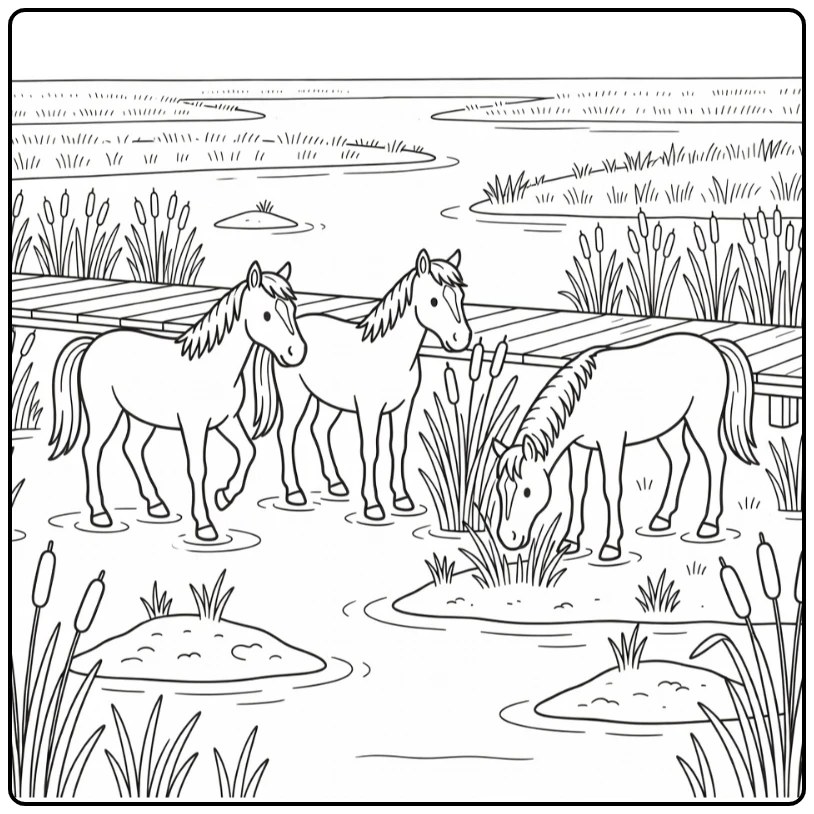 Horses coloring page with three horses in reed marsh