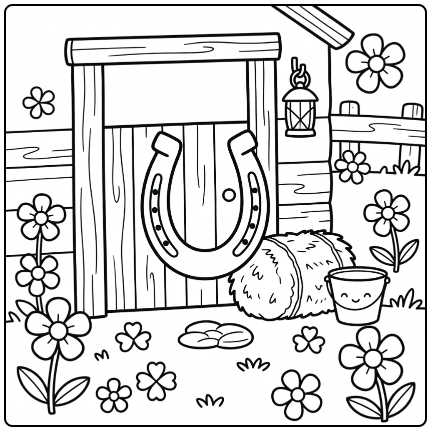 Horseshoe Coloring Page with Rustic Stable Scene