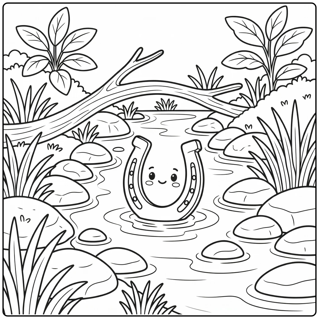Horseshoe coloring page with river stones and grass