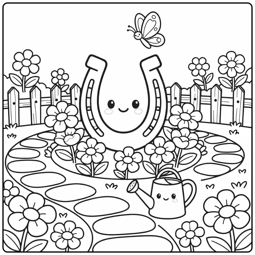 Lucky horseshoe coloring page in cheerful country garden
