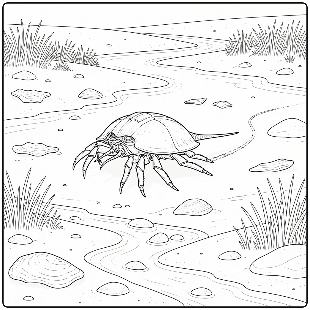 Realistic sea animal coloring page: horseshoe crab