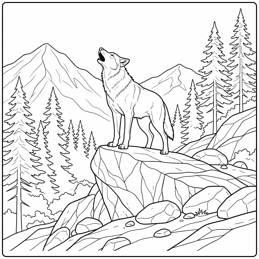 Realistic animal coloring page: wolf howling on rocky ridge