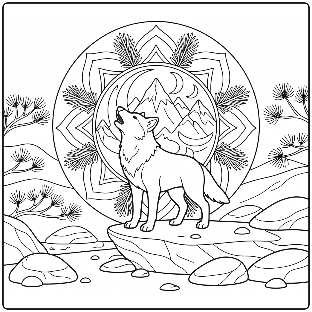 Animal mandala coloring pages: wolf howling at mandala moon