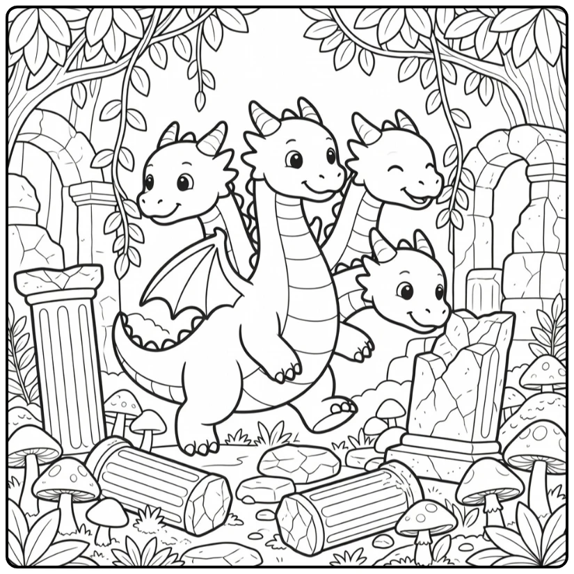 Hydra dragon coloring page: three heads in forest ruins vines