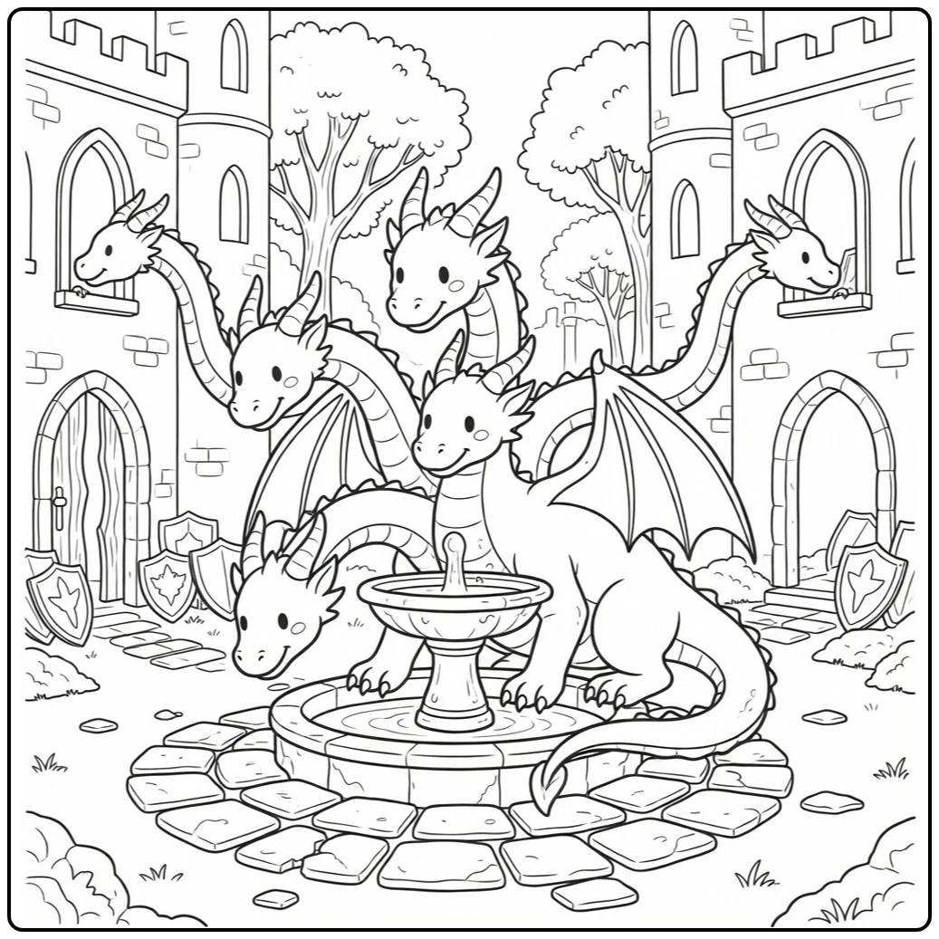 Hydra dragon coloring page: four heads circle fountain in haunted castle
