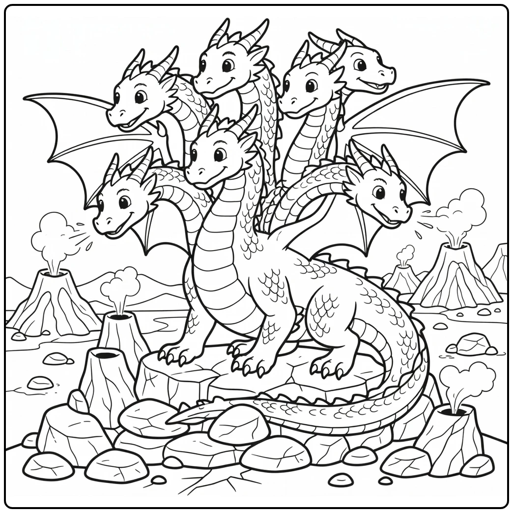 Cute hydra dragon coloring page: six heads on volcanic ridge