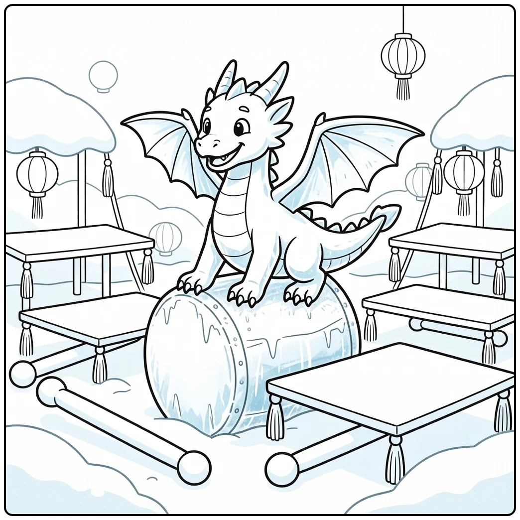 Ice dragon coloring page: cute dragon on frozen drum