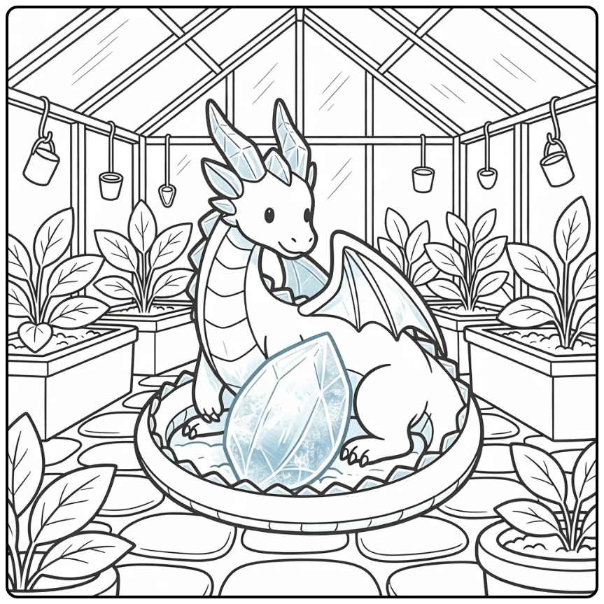Ice dragon coloring page curling around frozen seed in greenhouse
