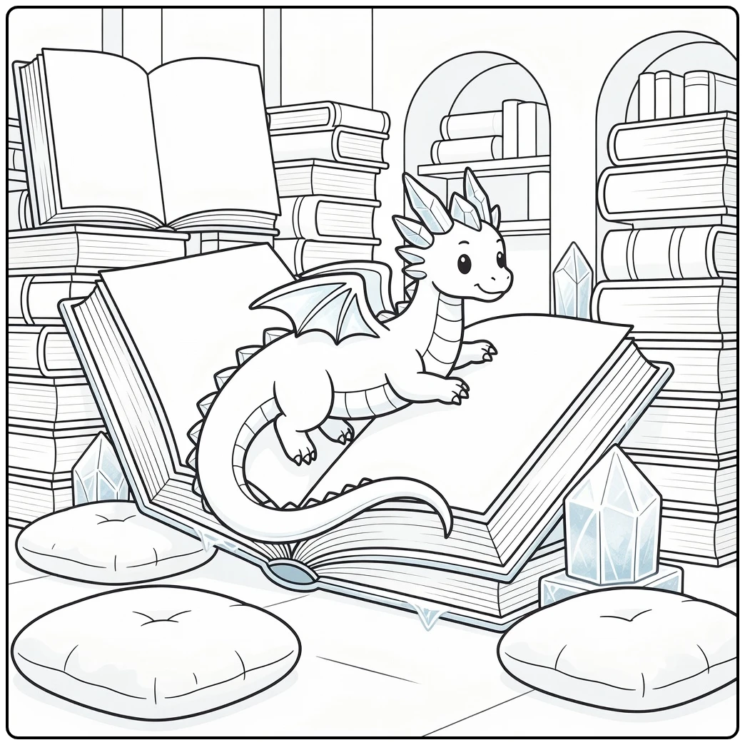 Ice dragon coloring page gliding amid frozen library books