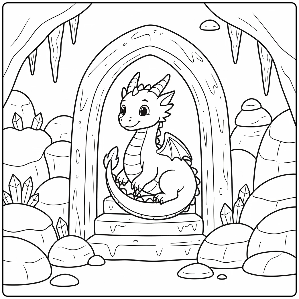 Ice dragon coloring page: curled in icicle arch doorway