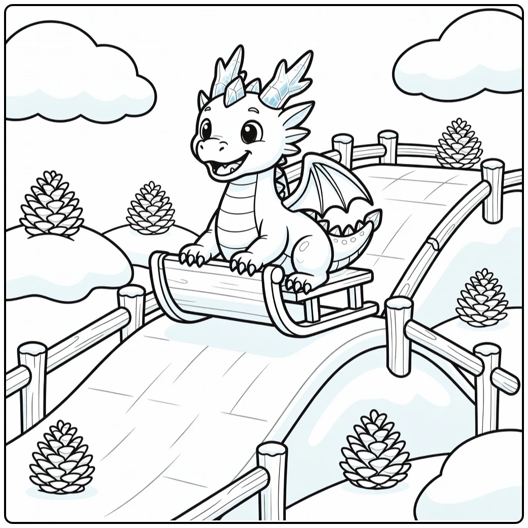 Ice dragon coloring page: playful on sled at winter ramp top
