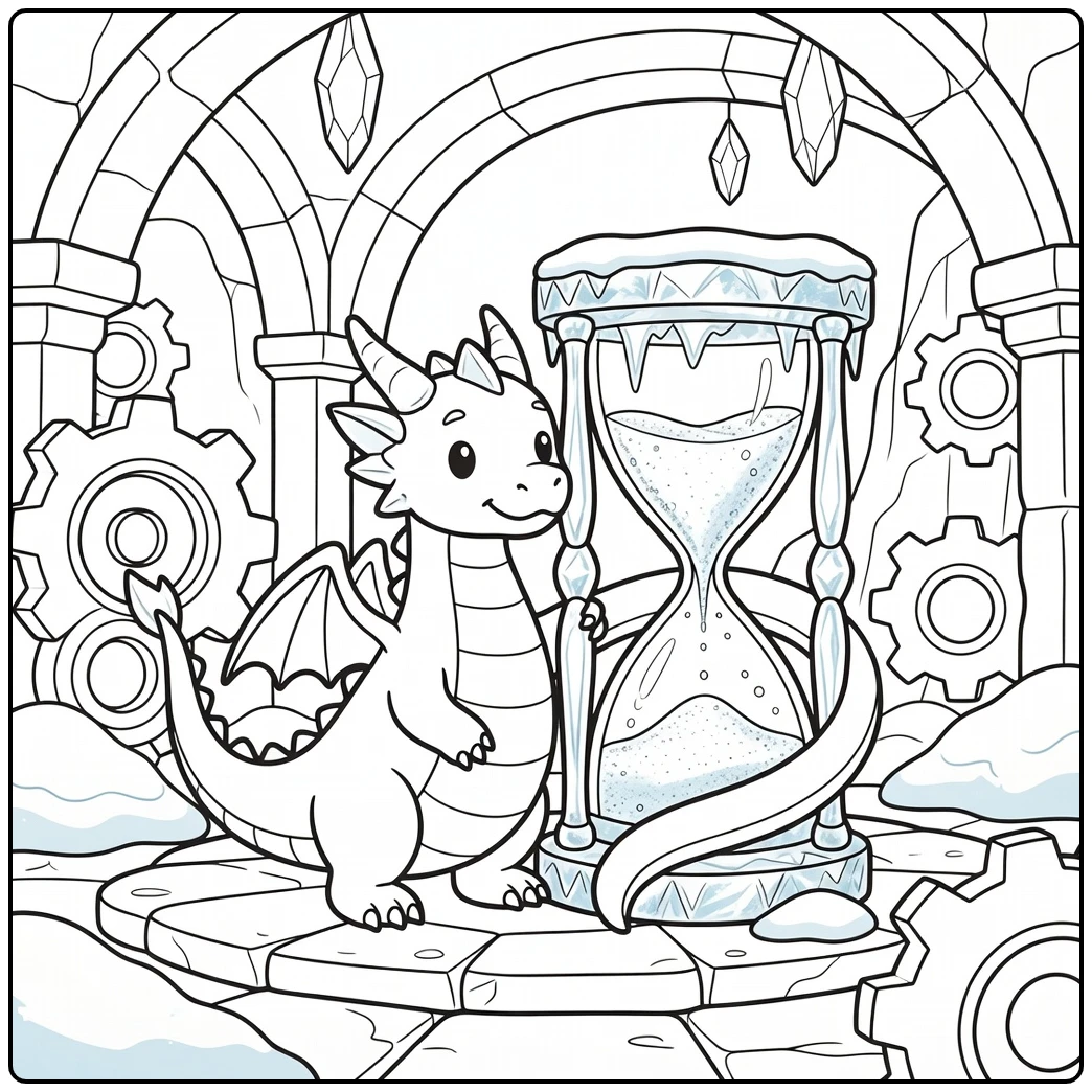 Ice dragon coloring page with frozen hourglass in cave