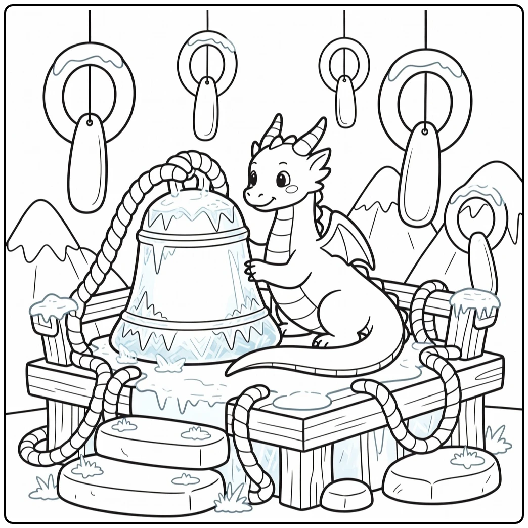 Ice dragon coloring page crouching by frozen bell on mountain