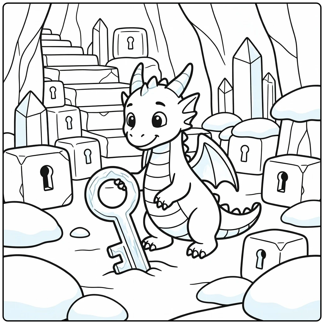 Ice dragon coloring page: curious beast eyes giant frozen key