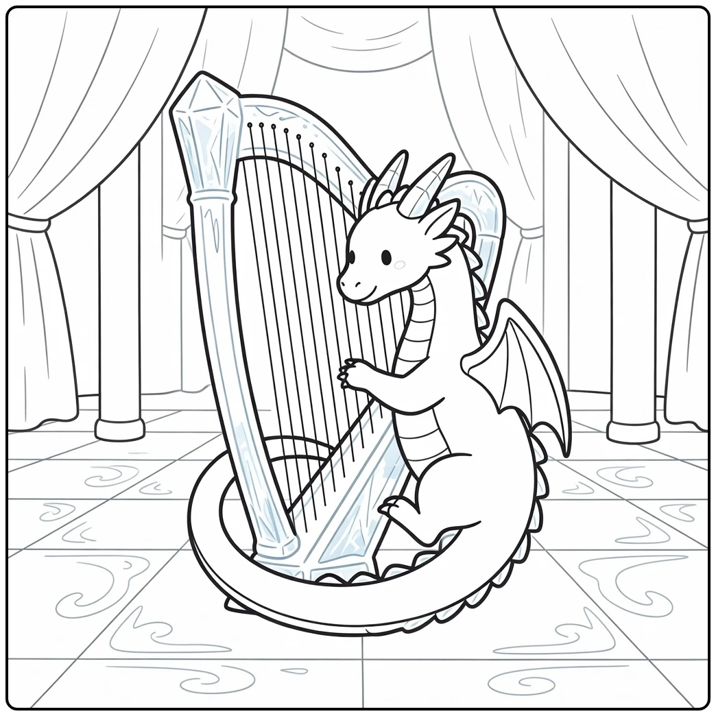 Ice dragon coloring page curling around frozen harp