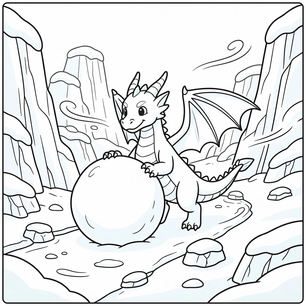 Ice dragon coloring page: pushing giant snowball in canyon