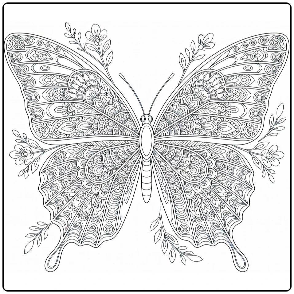 Advanced animal coloring pages: ornate butterfly mandala on flower