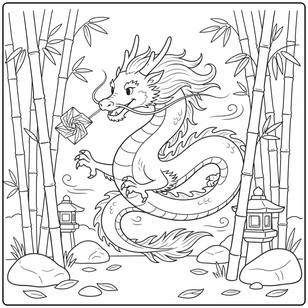 Japanese dragon coloring page chases charm in bamboo grove