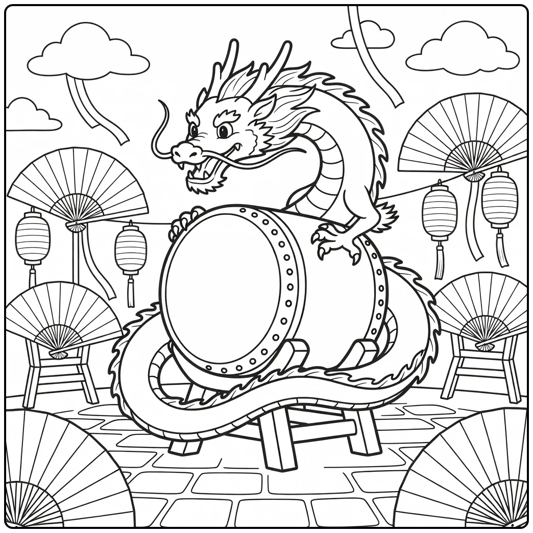 Japanese dragon coloring page curling around giant taiko drum