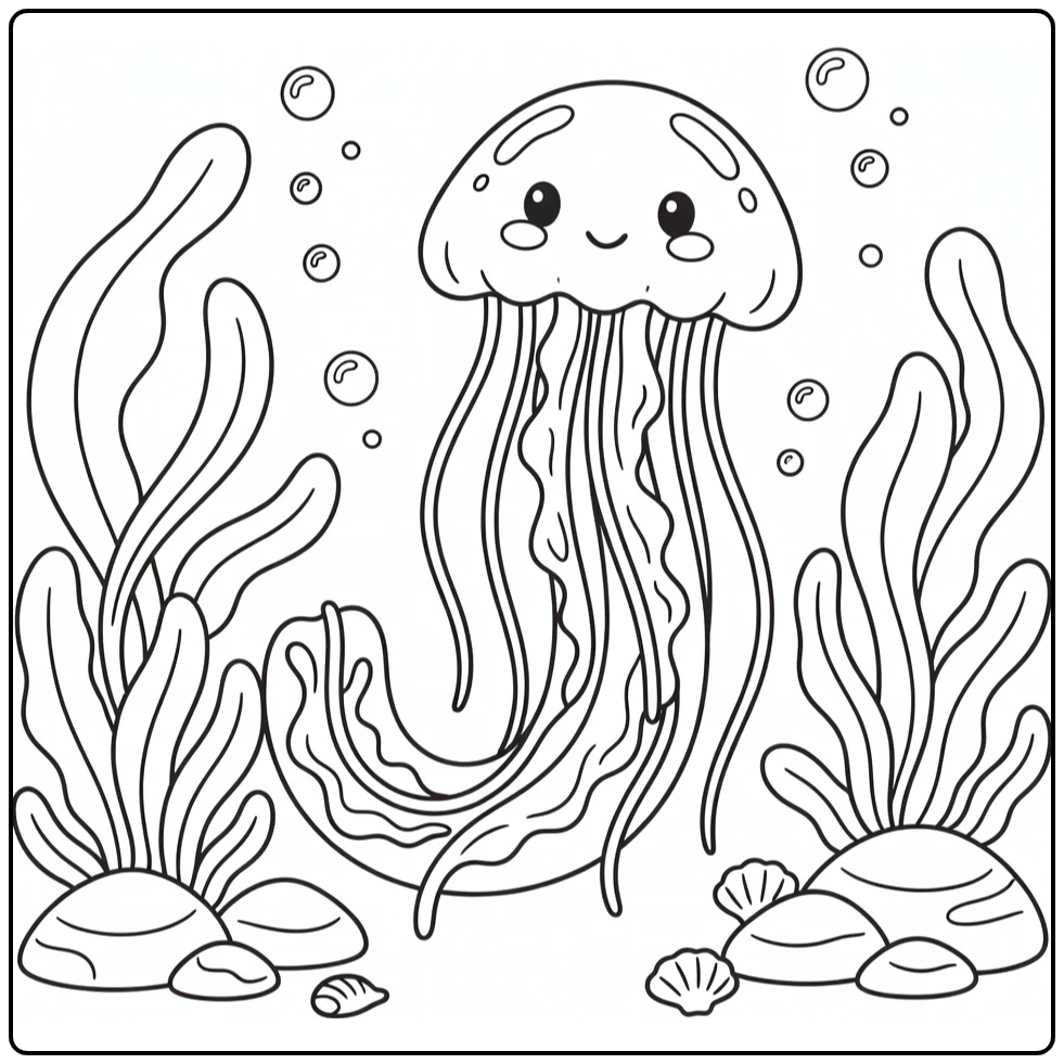 Jellyfish J animal alphabet coloring page with sea plants