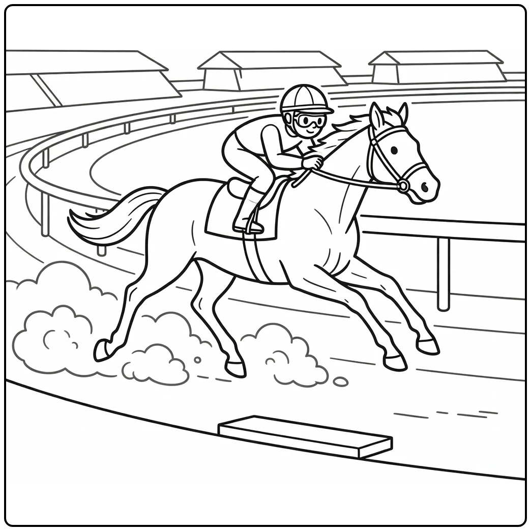 Jockey Race Horse Coloring Page with speeding action