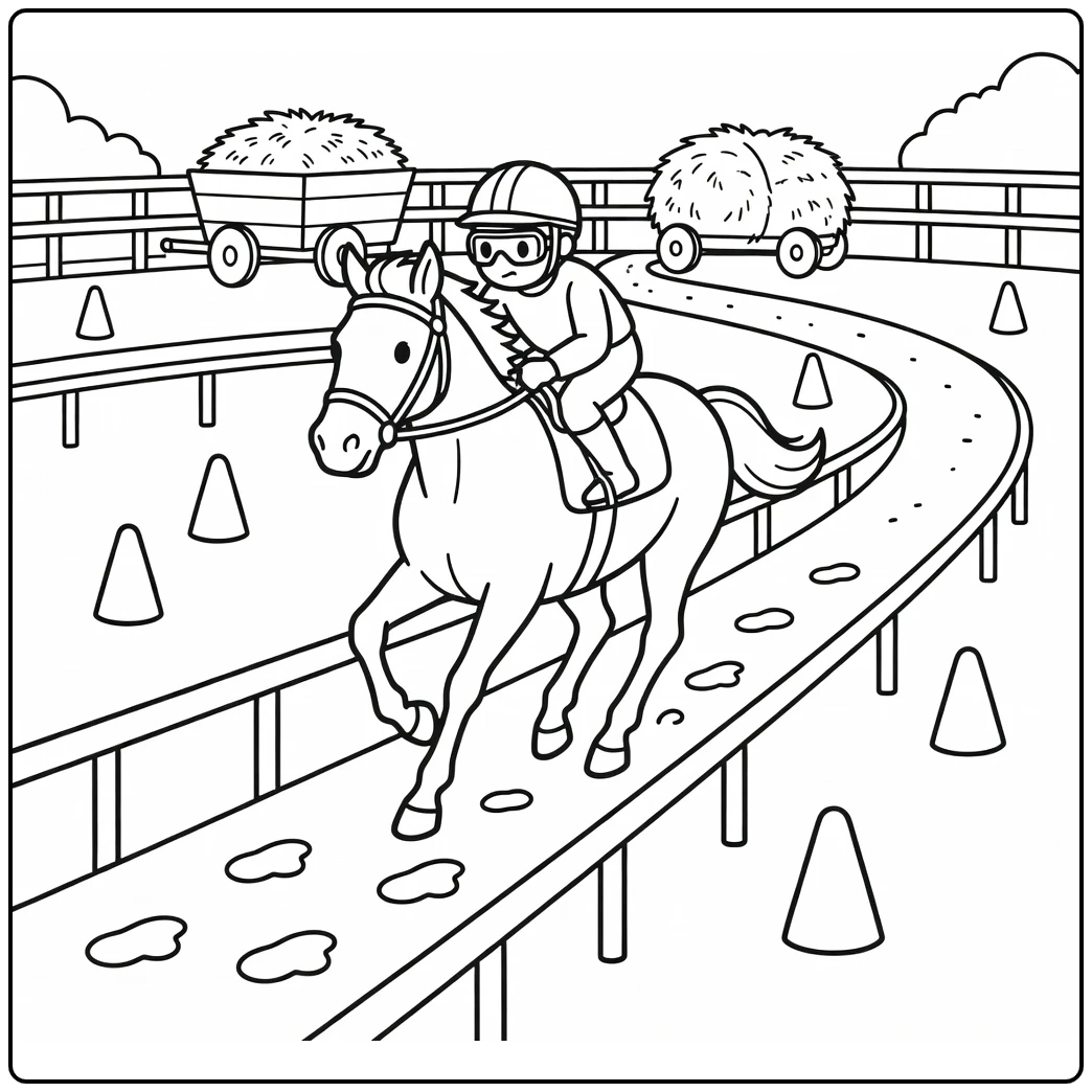 Jockey race horse coloring page with training chute and rails