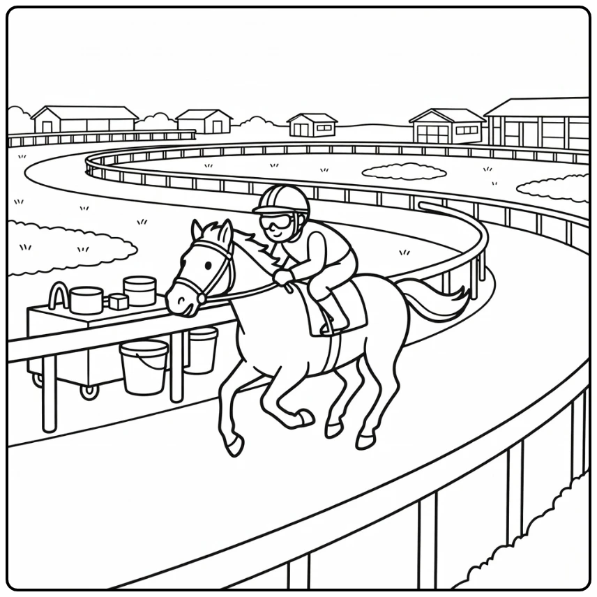 Jockey race horse coloring page with action on oval track