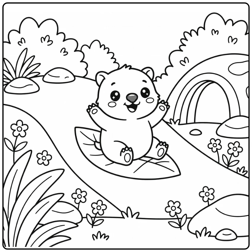 Kawaii wombat joey sledding on leaf, kawaii baby animal coloring pages