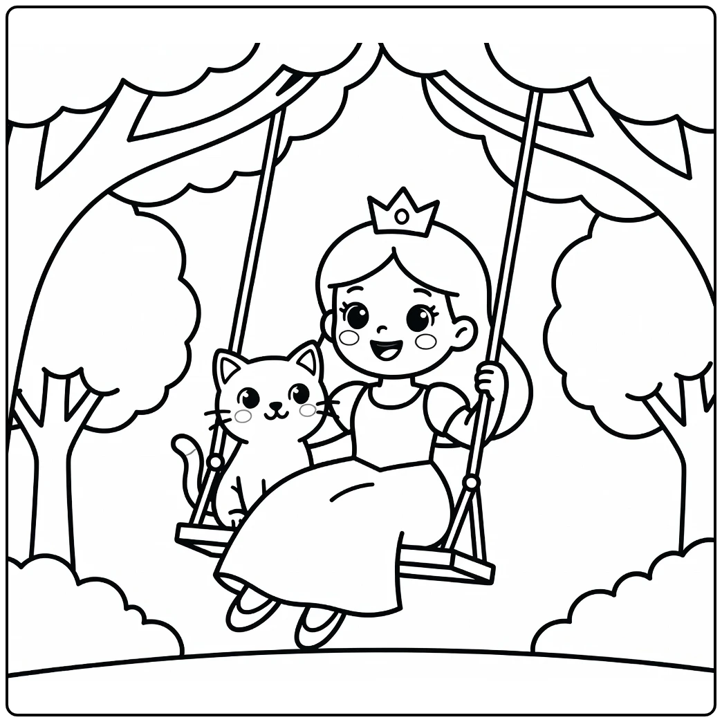 Princess and cat on swing - princess and cat coloring pages