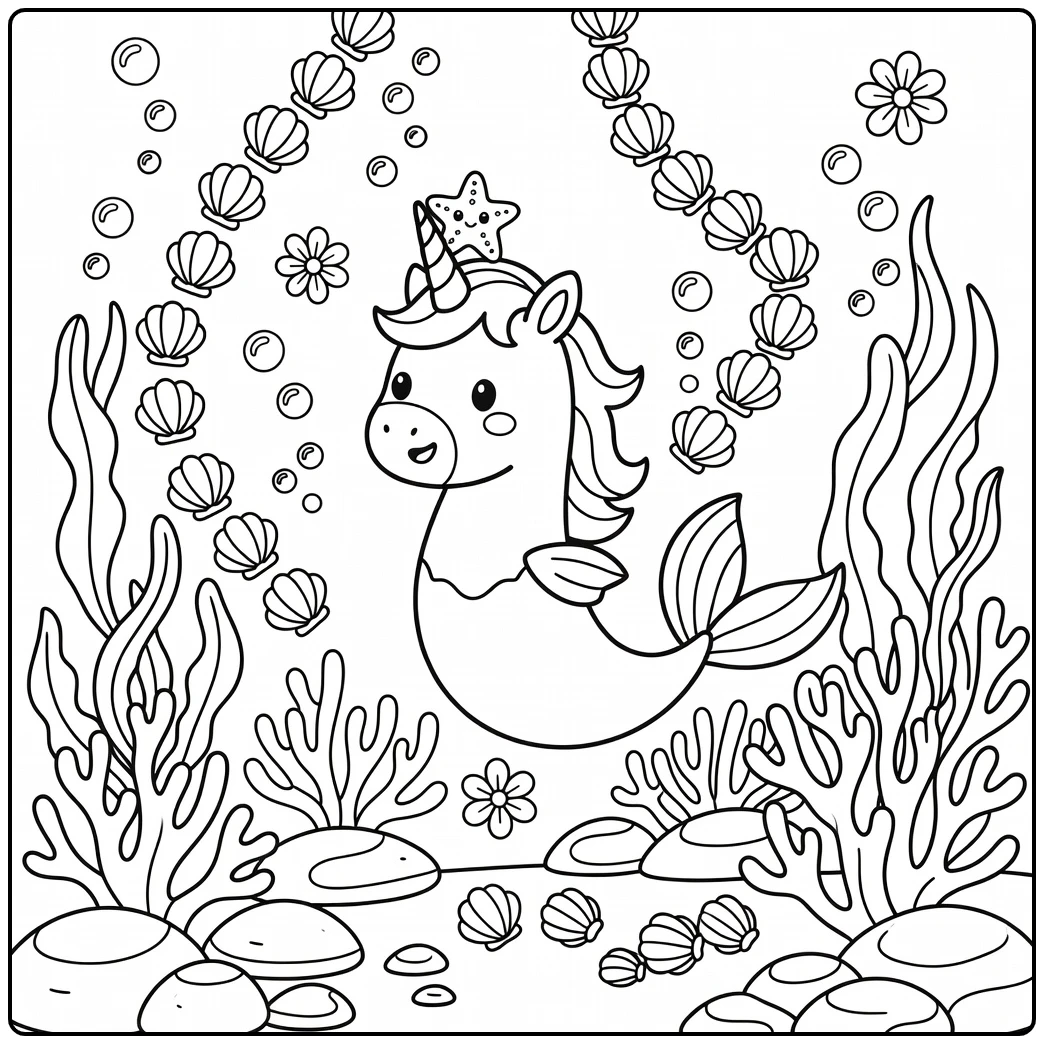 unicorn mermaid coloring page with starfish ride in reef