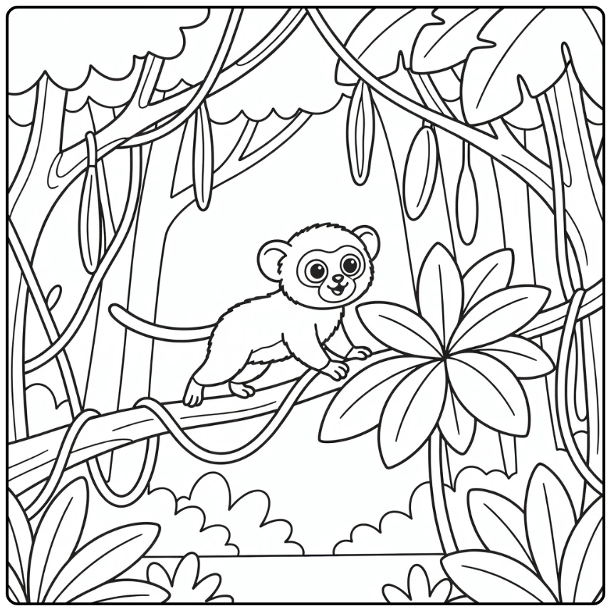 Bushbaby leaping in jungle animals coloring page (58 chars)