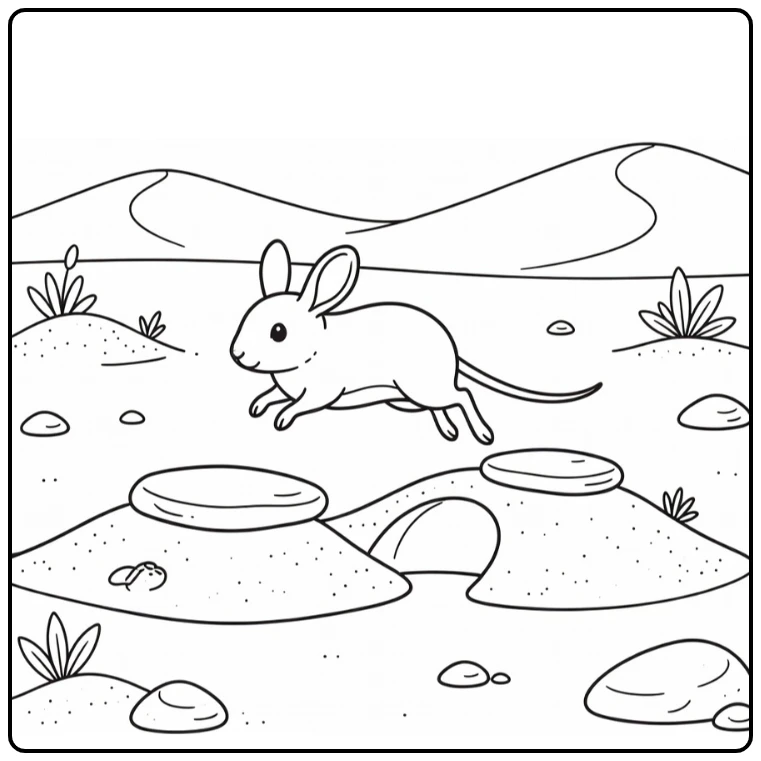 Jerboa leaping between stones - desert animal coloring page