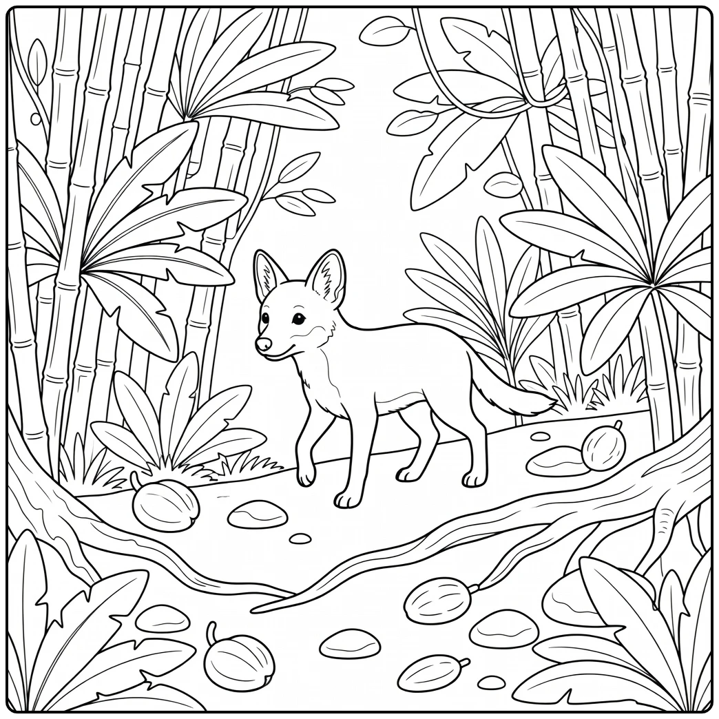 Jungle animal coloring page for kids: young dhole on path