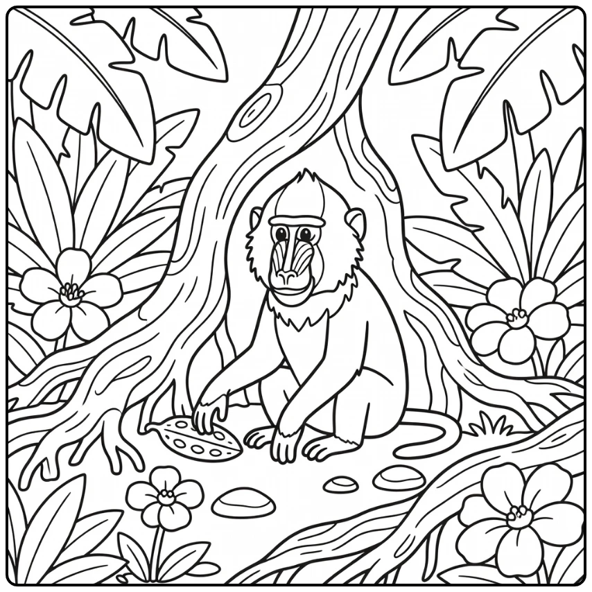 Jungle animal coloring page for kids: young mandrill picks seed pod