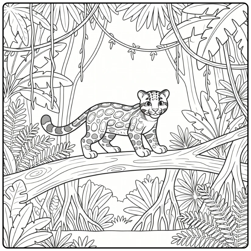 Jungle animals coloring page: clouded leopard on trunk