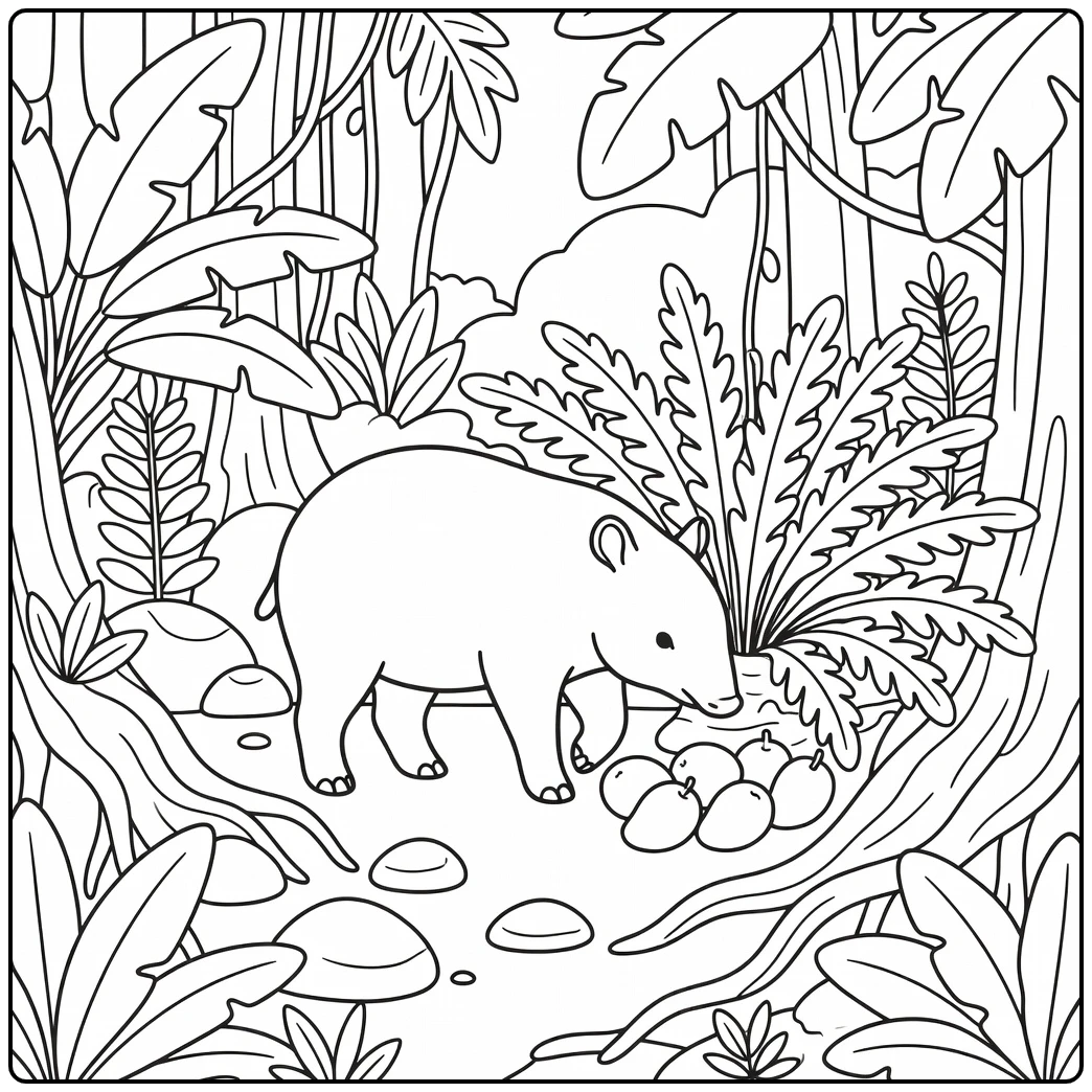 Jungle animals coloring page of Malayan tapir sniffing fruit