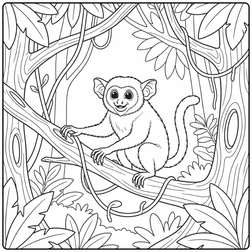 Jungle animals coloring page: Aye-aye tapping branch